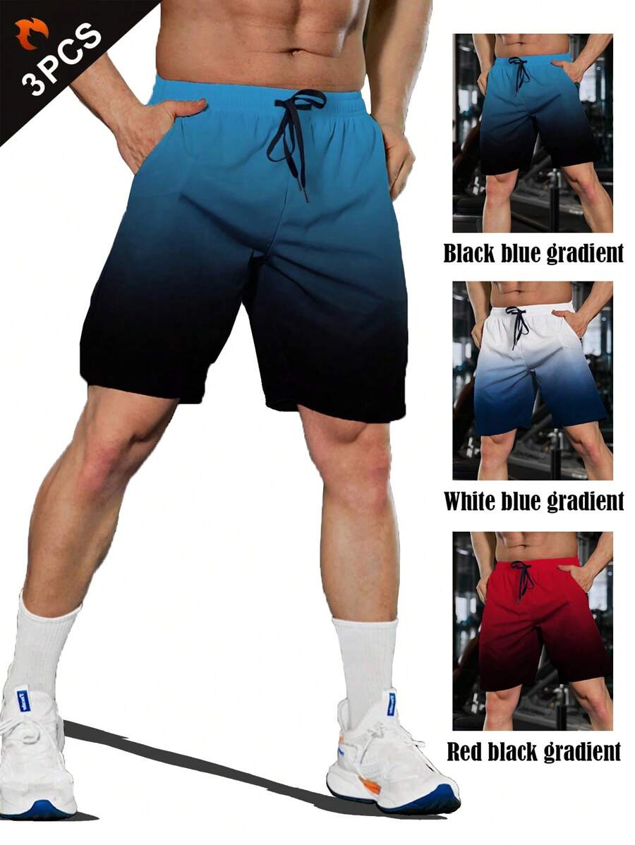 Gym Rark 3PCS Men Ombre Sports Shorts,Boyfriend Style Gradient Drawstring Waist Workout Gym Short Set With Phone Pocket,Breathable Sweat Pants For Training - Multicolor - View 1