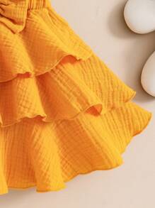 2pcs Baby Girls' Cute Color Block Dress With Bowknot, Hairband And Ruffle Hem, Summer Outfits