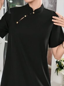 Modelyn 女士對比色簡約阿拉伯風日常連衣裙 - 黑色 - 查看 6