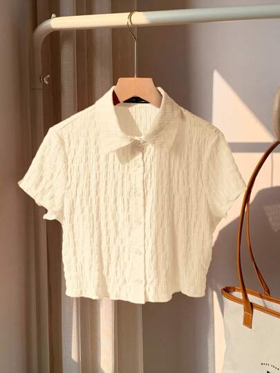 Comfortcana 杏色針織短袖襯衫，單排鈕扣閉合