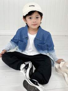 2 pezzi Camicia a colletto alto con tasca e giubbotto di denim a gradiente per giovani ragazzi, pantaloni di colore solido tessuto, adatti per scuola, shopping e occasioni casuali - Multicolore - Visualizzare 3