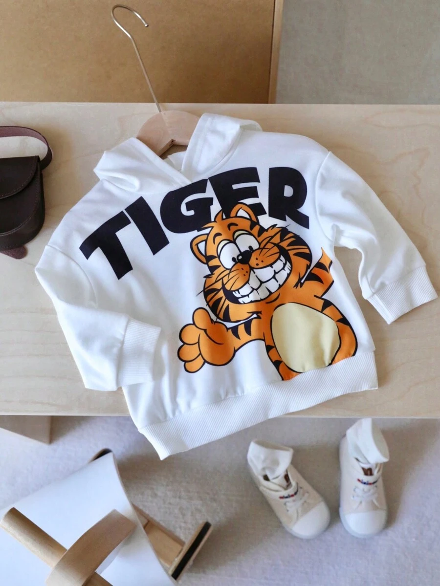 男婴时尚街头风休闲老虎图案卫衣，适合度假穿着 - 白色 - 查看 1
