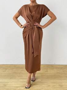 SHEIN Clasi Elegant Solid Color Drop-Shoulder Round Neck Tie Waist Bodycon Dress For Women - Coffee Brown - View 3