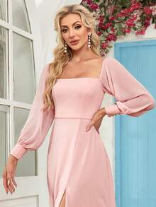 女士露肩高开衩雪纺A字伴娘礼服，适合婚礼场合 - 淺粉色 - 查看 8