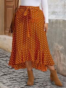 SHEIN VCAY Saia Plus Size vintage com estampa de bolinhas, amarrada na cintura, com base marrom e bolinhas brancas, perfeita para as férias de verão. - Castanho - Visão 3