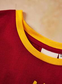 HARRY POTTER X SHEIN Vestido Casual Vermelho de Manga Curta com Gola Contrastante com Letra e Estampa de Leão para Garotas Adolescentes
