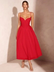 SHEIN BAE 女式束腰肩帶超A字裙中長禮服，白色畢業典禮/婚禮/優雅洋裝 - 紅色 - 查看 8