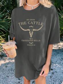 INAWLY Western Faith Letter Print Round Neck Short Sleeve Casual T-Shirt HE OWNS THE CATTLE ON A THOUSAND HILLS PSALM 50 Graphic Tees Women Tops