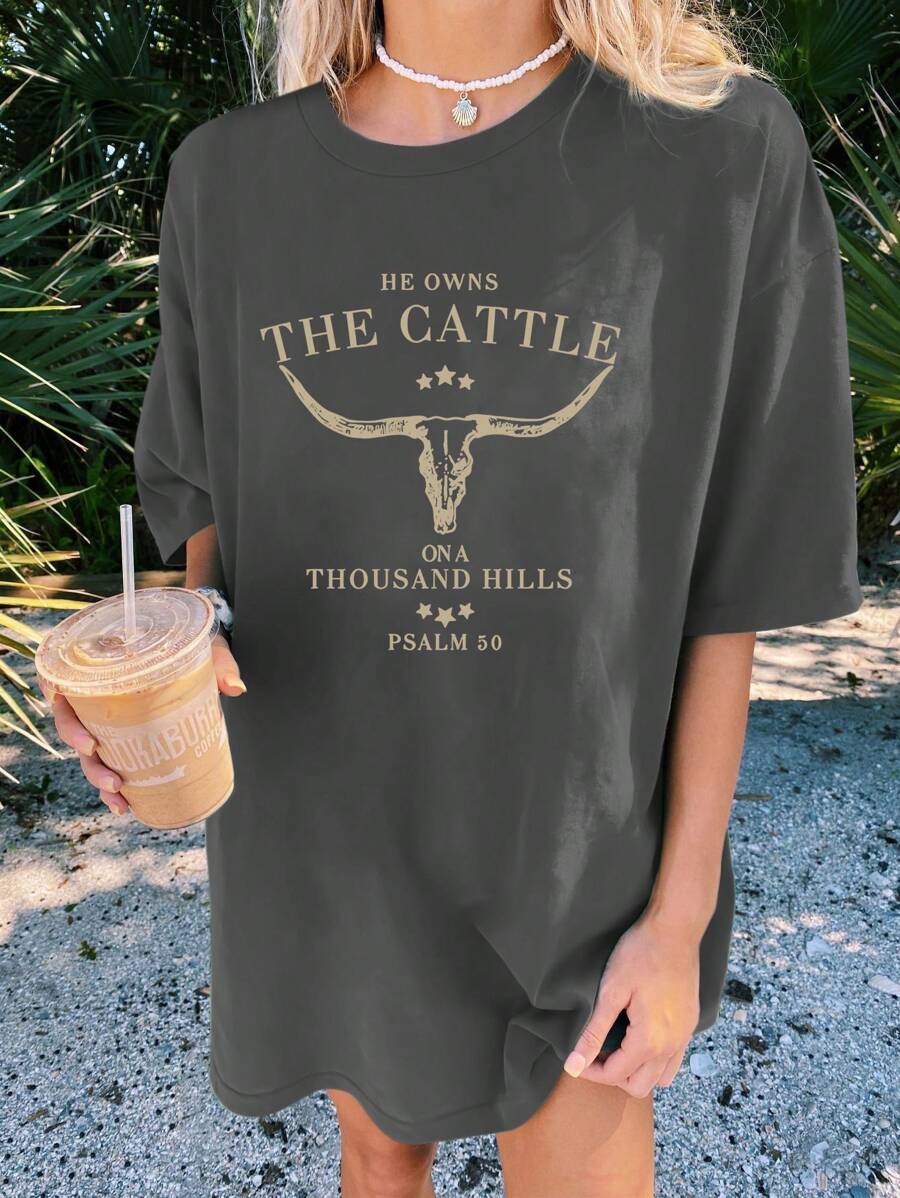 INAWLY Western Faith Letter Print Round Neck Short Sleeve Casual T-Shirt HE OWNS THE CATTLE ON A THOUSAND HILLS PSALM 50 Graphic Tees Women Tops