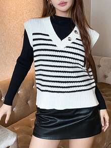 Chaleco de suéter diario simple con estampado a rayas para mujer