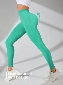 Easithlete 无缝高弹宽腰运动紧身裤瑜伽女裤 - 綠色 - 查看 7