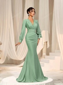Faeriesty Elegant Cross-Over V-Neck Lantern Sleeve Mermaid Hem Dress - Sophisticated Timeless Design For Spring/Summer Weddings, Galas, Red Carpet Bridesmaid Dress