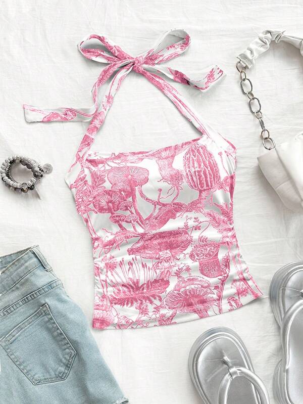 Soleia WYWH Women's Vacation Plant Printed Side-Pressed Pleated Tank Top With Halter
