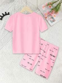 Bộ Pajama vừa vặn vừa vặn cho trẻ em, áo thun ngắn tay in họa tiết mắt và quần short mặc ở nhà của Tween Girls, thích hợp cho mùa xuân và mùa hè, đồ ngủ - Hồng - Xem 2
