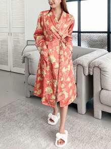 DAZY Luxurious Satin Floral Printed Lapel Belted Robe Pajama - Red - View 1