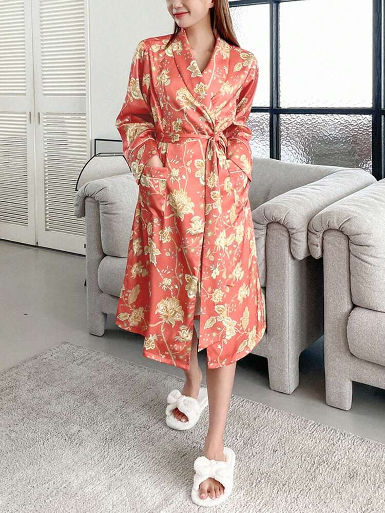 Luxurious Satin Floral Printed Lapel Belted Robe Pajama