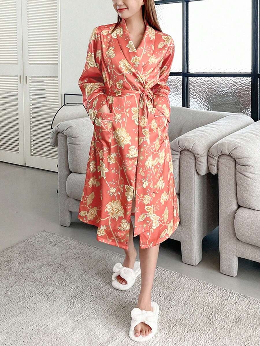 DAZY Luxurious Satin Floral Printed Lapel Belted Robe Pajama - Red - View 1