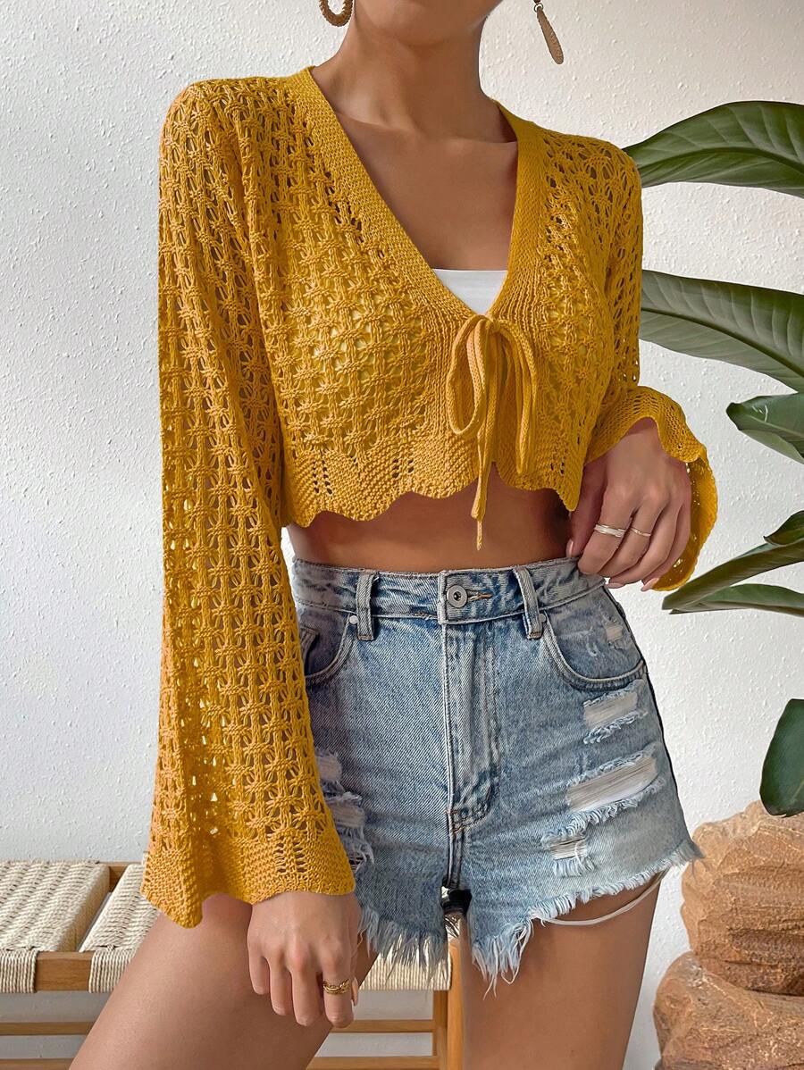 Breezaya Tie Front Crop Long Sleeve Cardigan - Mustard Yellow - View 1