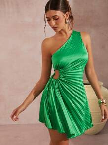 L'Amorae Women's Summer Solid Color One Shoulder Sleeveless Pleated Waist Button-Up Elegant Dress
