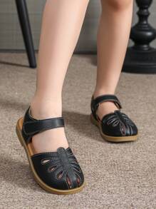 幼兒女童黑色涼鞋，帶魔鬼氈夏季平底封閉式涼鞋 - 黑色 - 查看 7