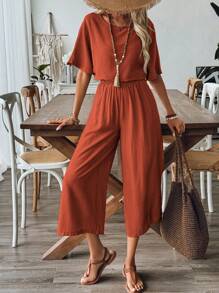 EMERY ROSE Women's Summer Solid Color Loose Fit Linen-Like Round Neck Shirt And Wide Leg Pants Casual 2pcs Outfit