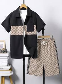 SHEIN Teen Boys' Vintage Print Versatile Summer Shirt Set - Black - View 3