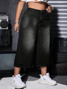 SHEIN ICON 高腰寬腿七分牛仔褲 - 黑色 - 查看 4