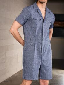 Manfinity Homme Men Flap Pocket Button Front Romper Summer Holiday Casual Long Linen Pants - Dark Grey - View 5