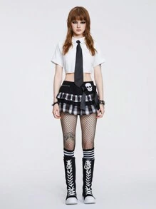 ROMWE Grunge Punk Váy mini kẻ caro phong cách Punk đầu lâu và nơ Y2K cho nữ, eo thấp, đi học - Nhiều màu - Xem 1