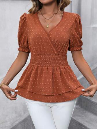 SHEIN Clasi Plus Size Country Concert Outfit Summer Brown Texture Fabric Elegant Blouse With Belt And Ruffle Hem For Women