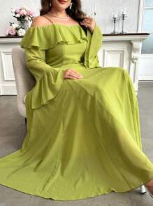 Modelyn 大码露肩荷叶边饰荷叶边袖连衣裙，长款雪纺优雅连衣裙，适合婚礼嘉宾/场合/仪式/晚会长款晚礼服 - 綠色 - 查看 4