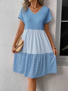 EMERY ROSE Robe d'été décontractée pour femmes à rayures blocs de couleurs et à pois en forme de A