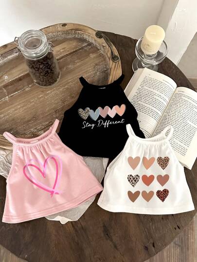 SHEIN Happikins ModeFlare Wear 3pcs/Set Casual Minimalist Heart Print Camisole For Baby Girls, Black/White/Pink, Suitable For Summer, Contain 95% Cotton