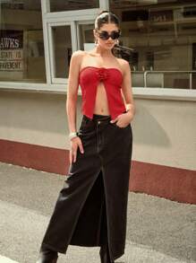 Forever 21 不對稱長裙夏日休閒階梯腰設計高開叉邊角牛仔裙 - 黑色 - 查看 10