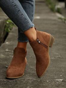 Bottines pour femmes à talons marron Épais, bout pointu avec fermeture éclair latérale, bottes à la mode pour femmes