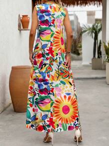 Breezaya Vestido Floral Colorido Sem Mangas com Decote em V para Mulheres