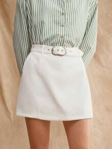 Anewsta Einfarbiger Skort mit Schrägtaschen und Gürtel - Weiss - Übersicht 7