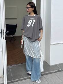 FRIFUL Letter Graphic Contrast Trim Drop Shoulder Tee Oversized T-Shirt - Black - View 4
