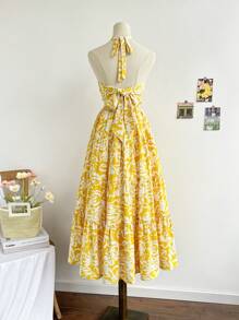 Soleia WYWH Women's Casual & Romantic Garden Style Sleeveless Dress, Suitable For Vacation, Easter, Graduation, Party, Luncheon, Afternoon Tea, Cute Casual Summer Wear. Yellow & White Floral Print, Halter Neck, Elastic Waist, Flared, Tie Back Sexy Dress - Multicolor - View 8