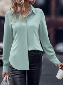 EMERY ROSE Solid Color Button-Front Casual Long Sleeve Shirt Fall Cloth For Women