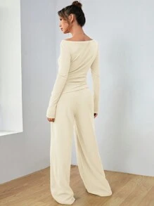 SHEIN EZwear 杏色針織修身長袖女式上衣和褲子套裝 - 杏色 - 查看 2