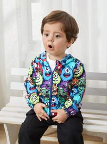 SHEIN Baby Boy Baby Girl Casual Hooded Cardigan With Cartoon Monster Pattern