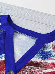 SHEIN LUNE Plus Flag Print Half Button Tee - Multicolor - View 3