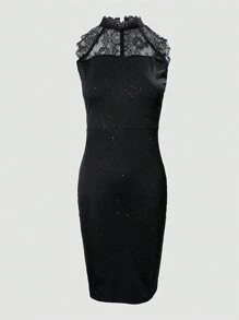 ChicMe Sleeveless Glitter Lace Patch Bodycon Dress Slim Fit Sexy Party Midi Dress