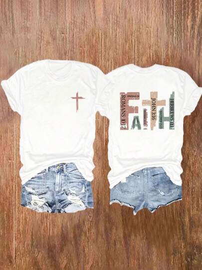 INAWLY Vintage Christian Short Sleeve Shirt With Bible Verses, Casual Shirt, Retro Faith Cross Print Tee, Pray Mom Round Neck Tee Graphic Tees Women Tops