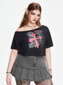 ROMWE J-Fashion Plus Skull & Letter Graphic Asymmetrical Neck Tee - Black - View 6