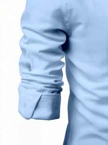 Men Plain Color Half Button Shirt - Blue - View 3