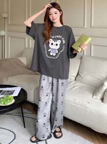 DAZY Conjunto de pijama de manga caída y pantalón para damas con impresión de gato animado - Gris - Ver 4