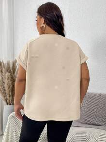 SHEIN LUNE 大码女式纯色纹理短袖插肩袖 T 恤，时尚百搭，休闲 - 杏色 - 查看 6