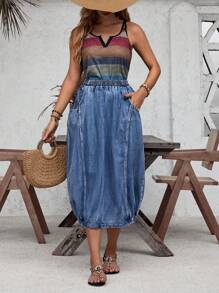 EMERY ROSE Elastic Waist Slant Pocket Denim Skirt - Blue - View 3